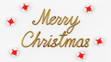 Merry christmas lettering on white background with small gift boxes.
