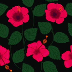 Seamless pattern with exotic hawaiian tropical hibiscus flower and leaves. Vector botanical summer print for textile
