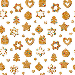 Christmas seamless pattern with gingerbread cookies on a white background. Homemade sweets in the form of a gingerbread man, a Christmas tree, toys and snowflakes. Vector illustration