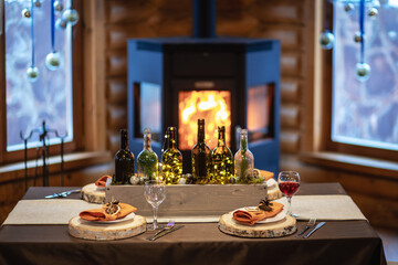 New Year's and Christmas decor. Christmas trees and gifts, decorations