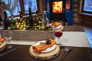 New Year's and Christmas decor. Christmas trees and gifts, decorations