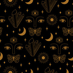 Seamless Mystical Pattern with Crystal, Eyes, Butterfly and Moon in Vector.