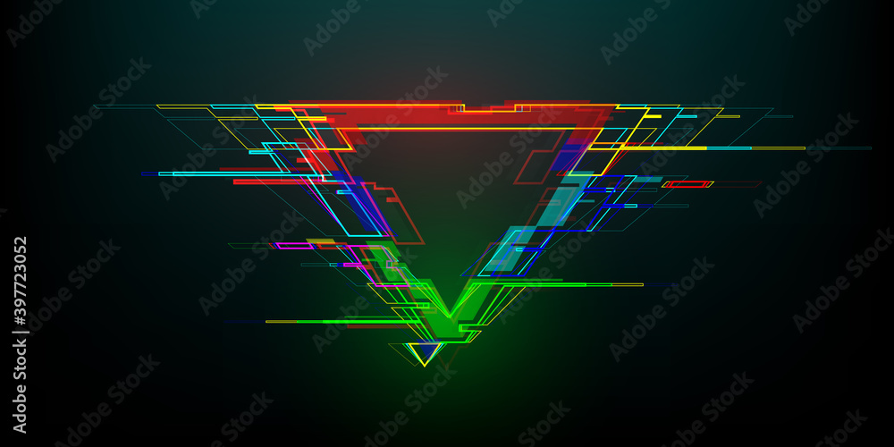 Poster futuristic glitch triangle in cyberpunk style. modern glowing geometry shape with distortion effect.