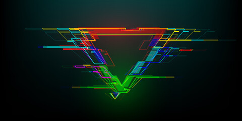 Futuristic glitch triangle in cyberpunk style. Modern glowing geometry shape with distortion effect. Good for design promo electronic music events, games, banners, web. Vector illustration