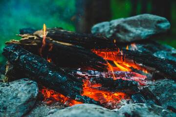 Vivid smoldered firewoods burned in fire close-up. Atmospheric warm background with orange flame of...