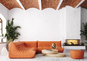 Modern living room loft with orange leather sofa and brick ceiling, 3d render - obrazy, fototapety, plakaty