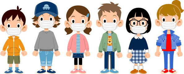 マスクを付けた6人の子どものイラスト
