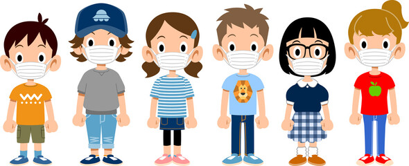 マスクを付けた半袖姿の6人の子どものイラスト
