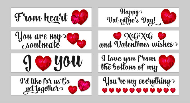 Set of decorative stickers with words of love and crystal shiny hearts for the holiday