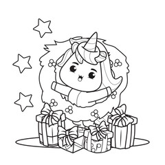 Coloring book christmas day with cute unicorn 