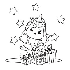 Coloring book christmas day with cute unicorn 