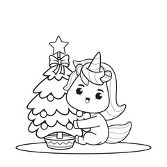 Coloring book christmas day with cute unicorn 