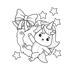 Coloring book christmas day with cute unicorn 