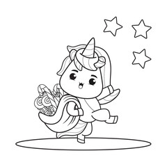 Coloring book christmas day with cute unicorn 