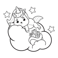 Coloring book christmas day with cute unicorn 