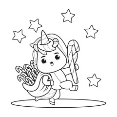 Coloring book christmas day with cute unicorn 