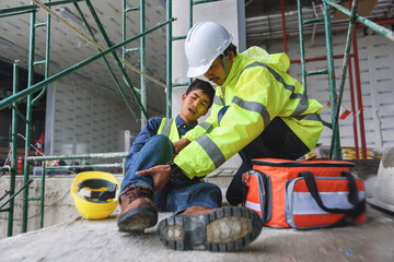 Accident at work of construction worker at site. Builder accident falls scaffolding on floor,...