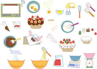 スイーツを作る道具、アイテム　セット　イラスト
