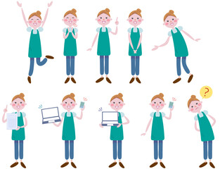 エプロンを付けた女性のさまざまな表情　セット　イラスト	
