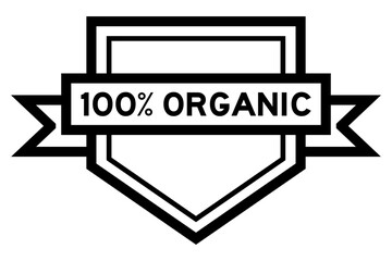 Vintage black color pentagon label banner with word 100 percent organic on white background