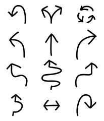 Set of black handdrawing in multiple shape of arrow symbol on white background