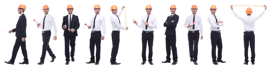 panoramic photo collage of confident architect isolated on white