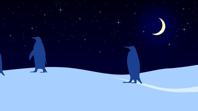 Winter landscape with walking penguins, moon and twinkle stars