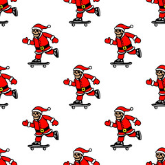 SANTA CLAUS SKELETON RIDES A SKATEBOARD SEAMLESS PATTERN COLOR WHITE BACKGROUND