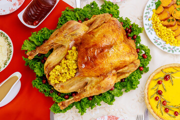 Top view of turkey, decorated with kale and cranberry for Christmas dinner.