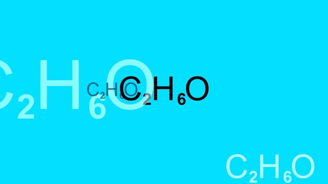 Animation with alcohol chemical formula C2H6O on the blue background (seamless loop)