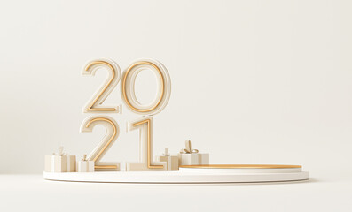 Minimal scene with podium, gift box and pastel background. Concept of Happy New Year 2021. 3D numbers 2021 and letter text, poster, banner, cover card, brochure, studio, mockup. 3d render