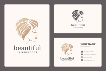 beauty women, hairdresser, beauty care logo design with business card template.