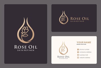elegant rose oil, cosmetics, beauty care, flower, drops, skin care logo design with business card.