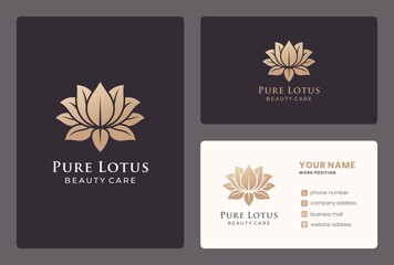 Fototapeta na wymiar golden lotus flower, beauty care, salon logo design with business card template.