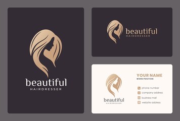 logo beauty woman, salon, hairdresser with business card template.