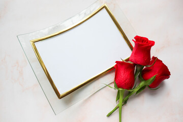 postcard mockup. romantic message concept. red rose isolated on white background and space for text
