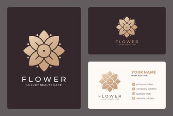 golden flower, beauty care, cosmetis, salon logo design with business card template.