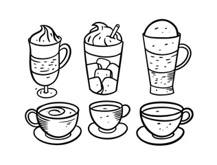 Fototapeta premium Drinks and coffee set. Hand drawing black color. Doodle style vector illustration.