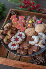 Traditional home made German Christmas Cookies on a festive table