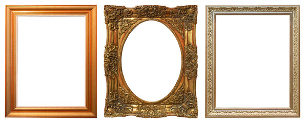 Set of gilded antique picture frames isolated on white background.