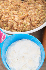 Meat and white noodles for making dumplings