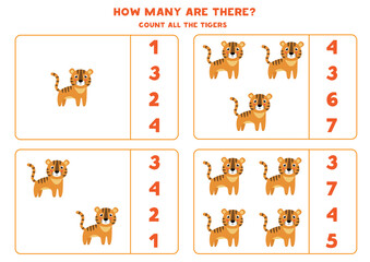 Counting math game with cute cartoon tigers.