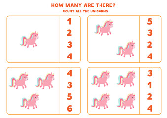 Counting math game with cute cartoon unicorns.