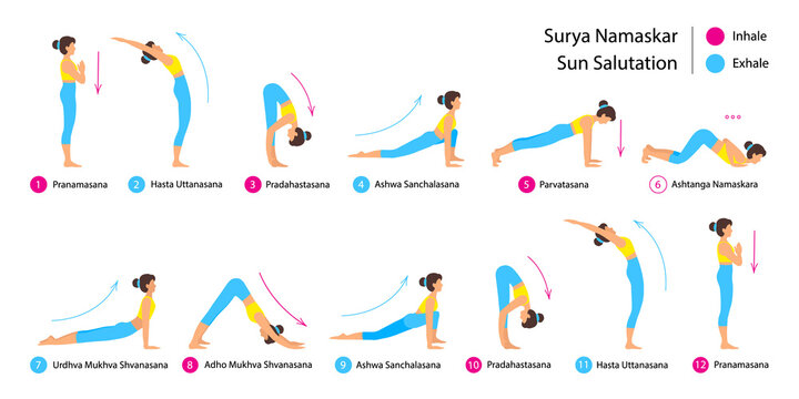 Surya namaskar A sun salutation yoga asanas sequence set vector illustration. Young woman do morning yoga stretch exercise poses for body health. Asana flat style design infographic complex.