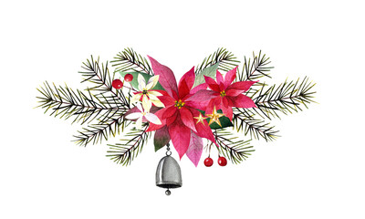 Watercolor christmas bouquet with poinsettia flowers, leaves, pine branches and bell on white background.