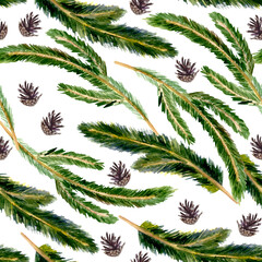 Watercolor hand painted seamless pattern with cones and branches of fir-tree on white background. Botanical pattern with atmosphere of winter forest for fabric, wrapping or scrapbook.