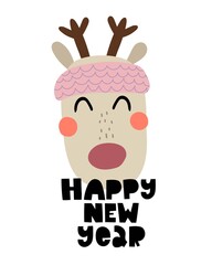 happy new year. cartoon deer, hand drawing lettering. holiday theme. Colorful vector illustration, flat style. design for greeting cards, print, poster