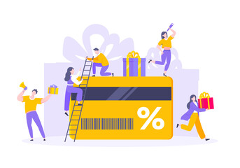 Get loyalty card and customer service business concept flat design vector illustration. Earn loyalty program points and get online reward and gifts. Tiny people with big card and gift box.