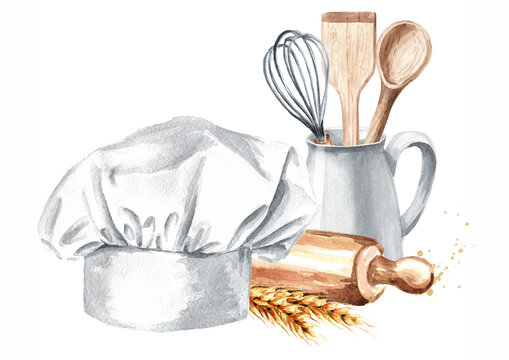 Kitchen pastry concept with chefs hat and wooden rolling pin