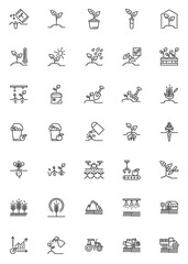 Farming agriculture line icons set. linear style symbols collection, outline signs pack. vector graphics. Set includes icons as combine harvester tractor, field irrigation sprinkler, plant watering